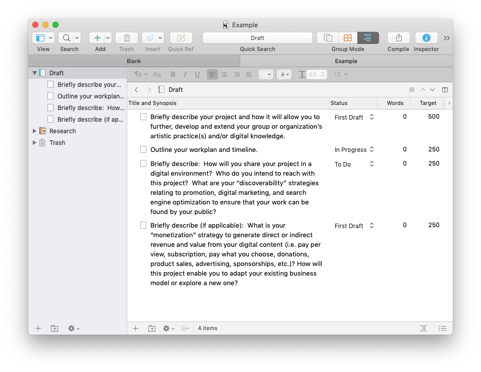 A screenshot of the Scrivener application showing sections with word count targets